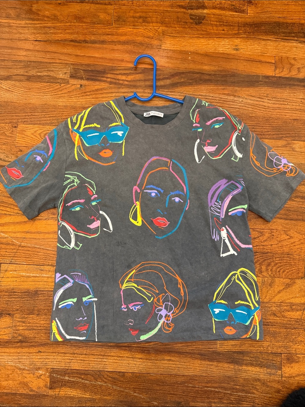 Zara Charcoal Tee with Neon Face Sketches
